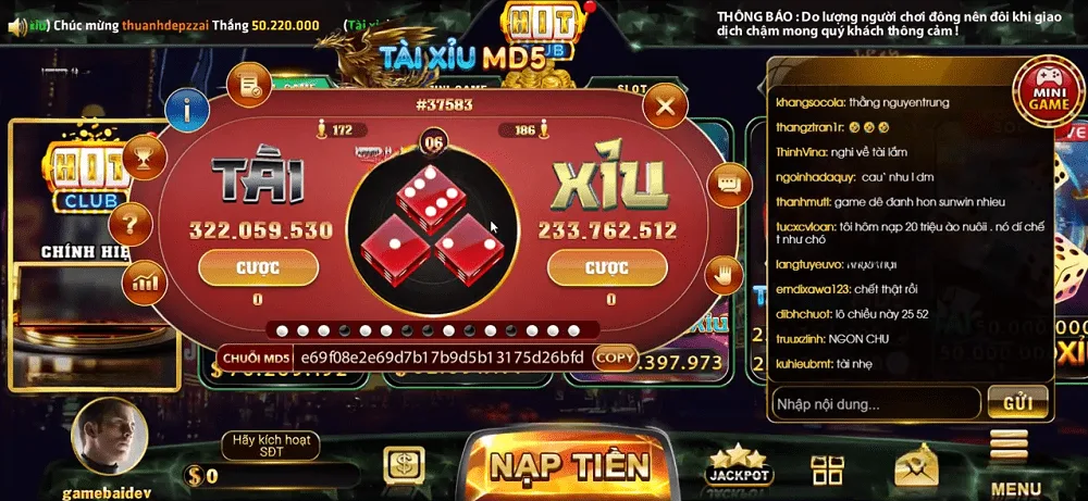 HitClub 骰宝MD5公平玩法界面