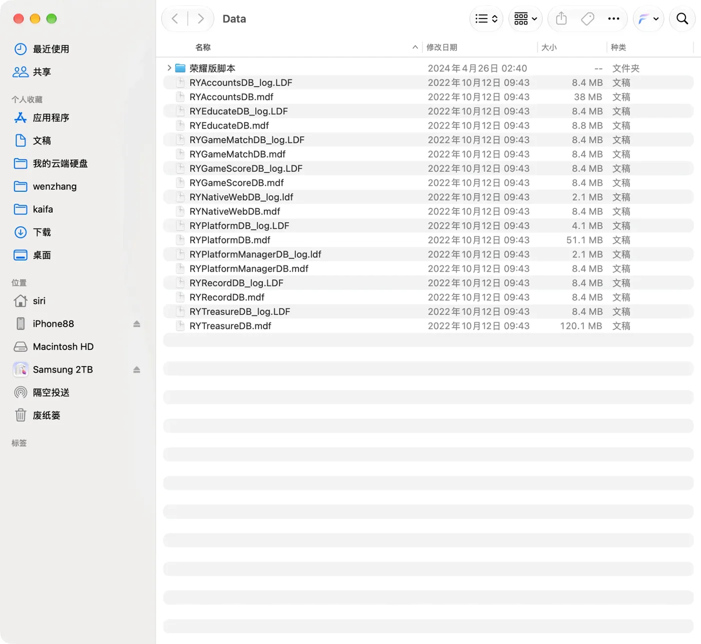 91电玩城Data目录,九个RY库的mdf和ldf文件,RYTreasureDB.mdf为120MB